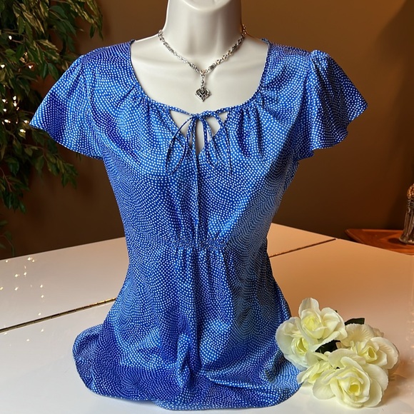 💙BANANA REPUBLIC BLUE & WHITE RUFFLE SHORT SLEEVE TOP SIZE SMALL💙 - Picture 1 of 14